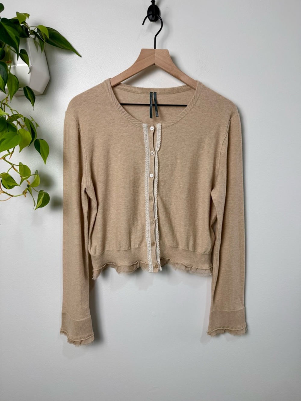 Anthropologie Lace Trim Cardigan Sweater Size L Cashmere Cotton Blend Beige Boho